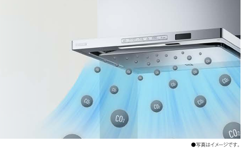 室内のCO2濃度を検知して風量を自動調整しながら換気運転を行うレンジフードのCO2センサー機能イメージ
